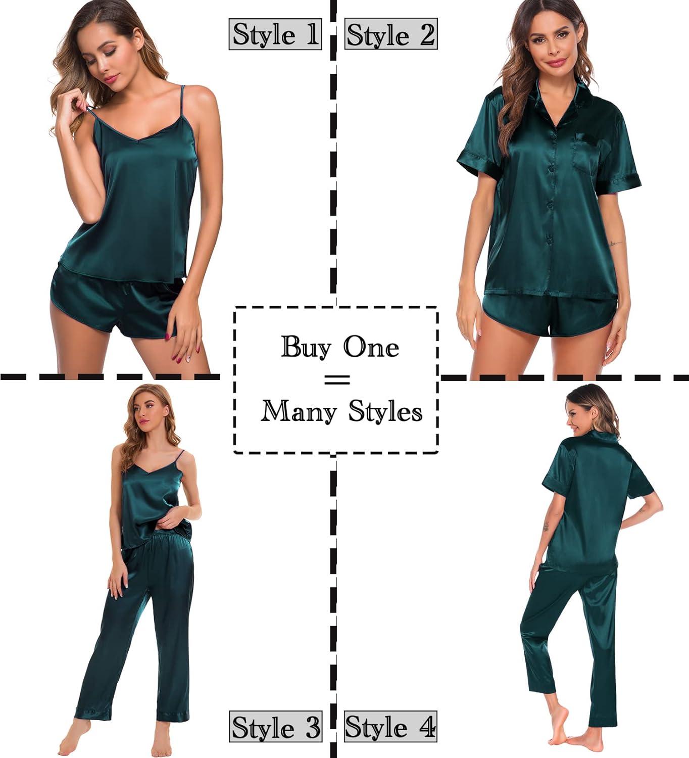 imageSWOMOG Womens Silk Satin Pajamas Sets 4pcs Sleepwear Sexy Cami Shorts Set and Button Down Short Sleeve Pjs LoungewearSolid Color Deep Green