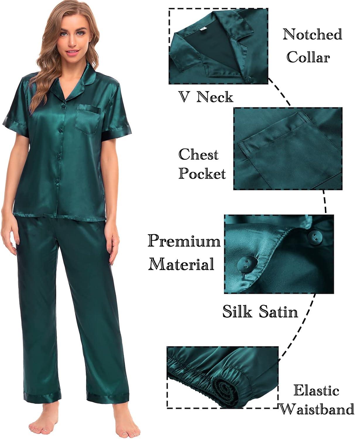 imageSWOMOG Womens Silk Satin Pajamas Sets 4pcs Sleepwear Sexy Cami Shorts Set and Button Down Short Sleeve Pjs LoungewearSolid Color Deep Green