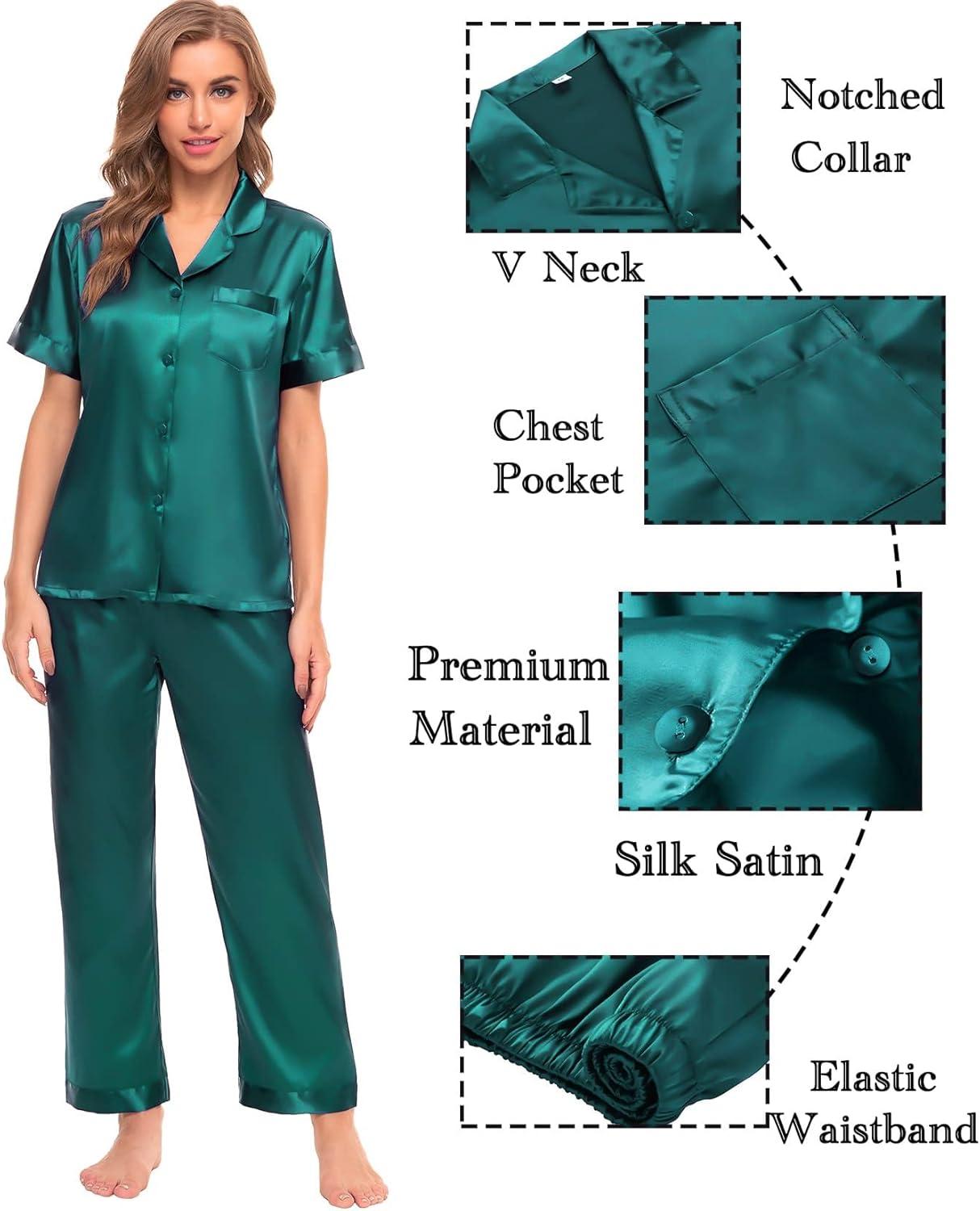 imageSWOMOG Womens Silk Satin Pajamas Sets 4pcs Sleepwear Sexy Cami Shorts Set and Button Down Short Sleeve Pjs LoungewearSolid Color Green