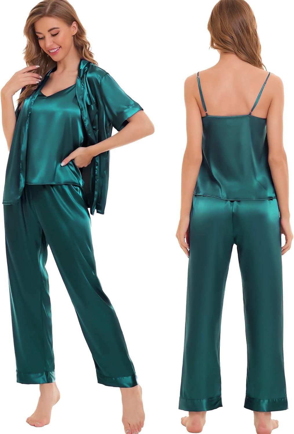 imageSWOMOG Womens Silk Satin Pajamas Sets 4pcs Sleepwear Sexy Cami Shorts Set and Button Down Short Sleeve Pjs LoungewearSolid Color Green