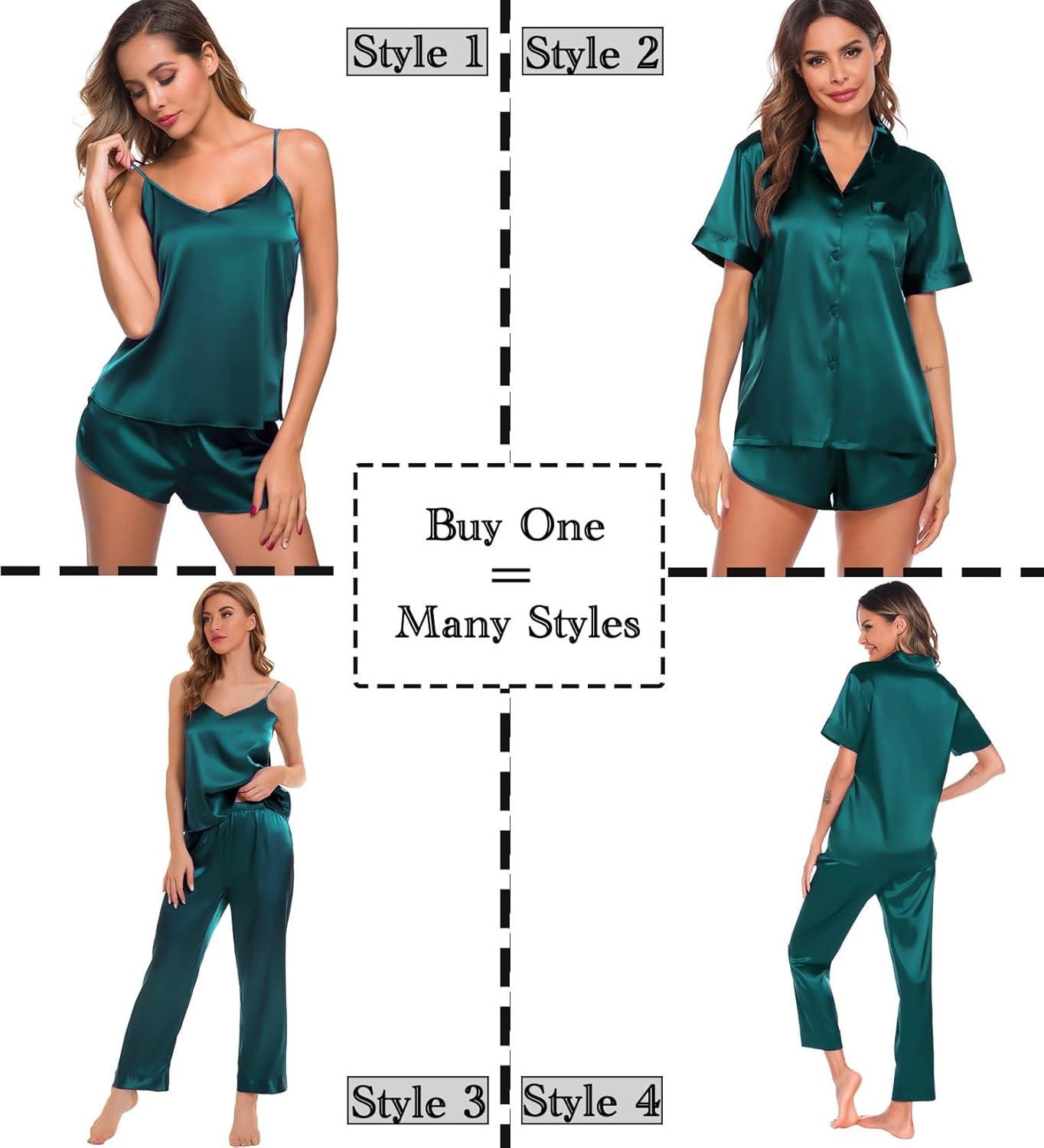 imageSWOMOG Womens Silk Satin Pajamas Sets 4pcs Sleepwear Sexy Cami Shorts Set and Button Down Short Sleeve Pjs LoungewearSolid Color Green