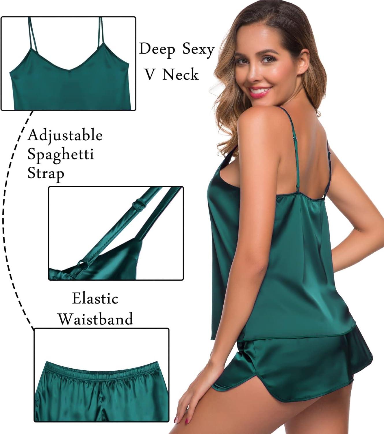 imageSWOMOG Womens Silk Satin Pajamas Sets 4pcs Sleepwear Sexy Cami Shorts Set and Button Down Short Sleeve Pjs LoungewearSolid Color Green