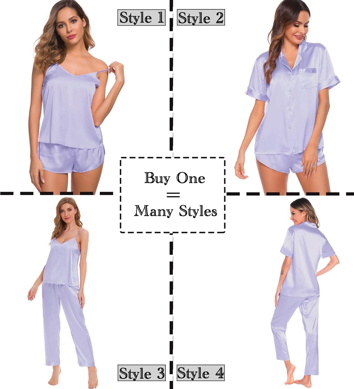 imageSWOMOG Womens Silk Satin Pajamas Sets 4pcs Sleepwear Sexy Cami Shorts Set and Button Down Short Sleeve Pjs LoungewearSolid Color Lavender