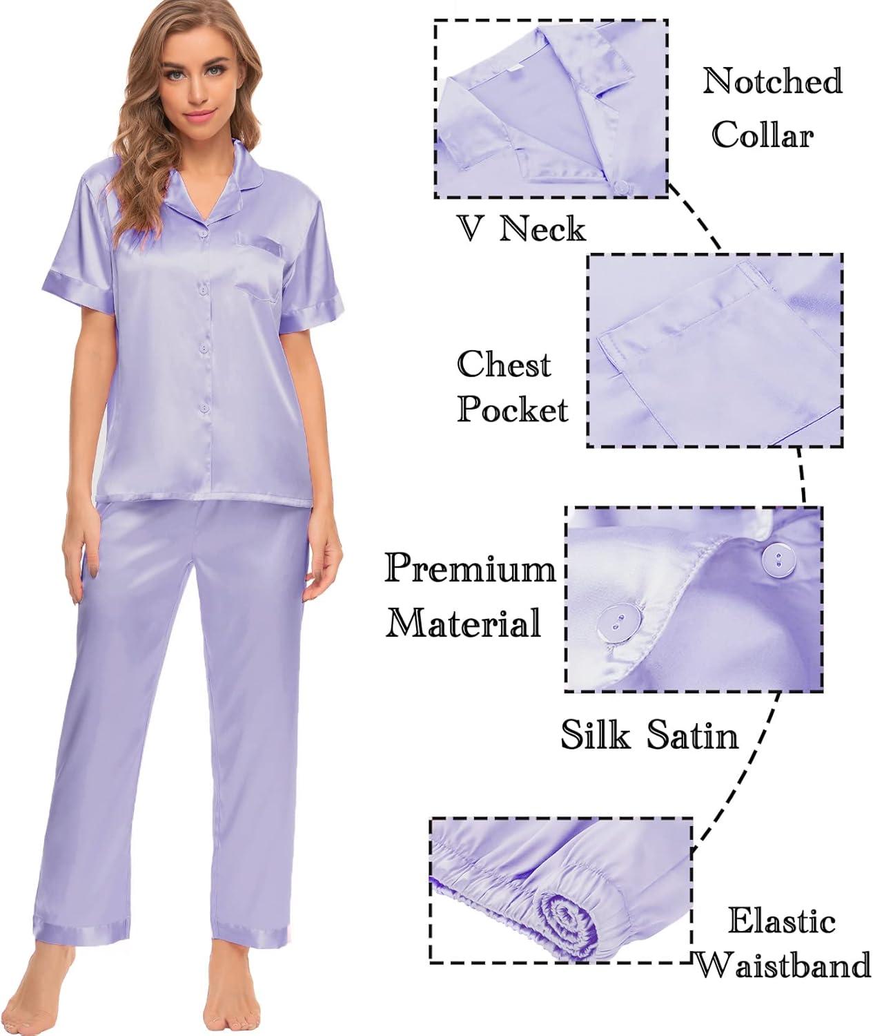 imageSWOMOG Womens Silk Satin Pajamas Sets 4pcs Sleepwear Sexy Cami Shorts Set and Button Down Short Sleeve Pjs LoungewearSolid Color Lavender