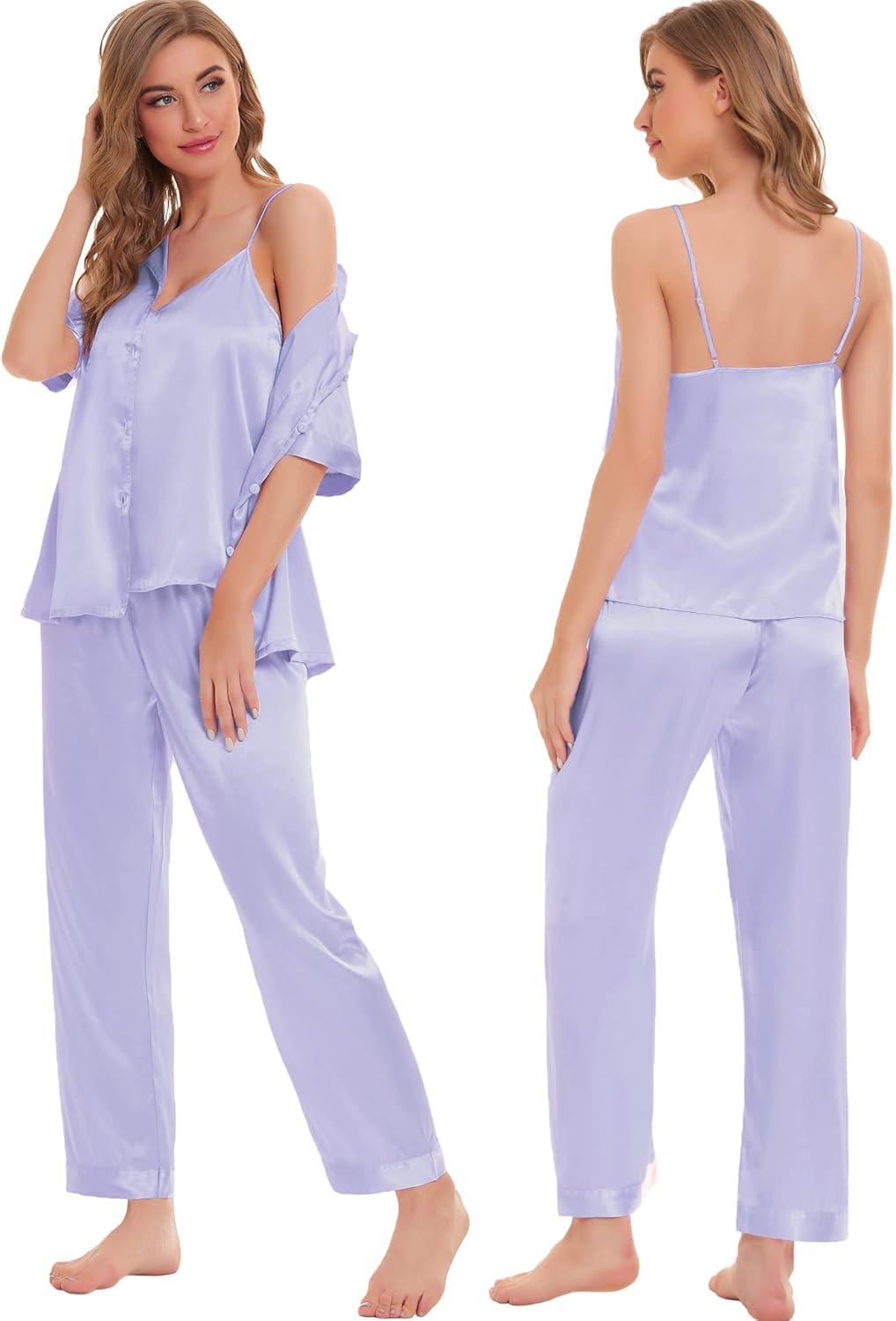 imageSWOMOG Womens Silk Satin Pajamas Sets 4pcs Sleepwear Sexy Cami Shorts Set and Button Down Short Sleeve Pjs LoungewearSolid Color Lavender