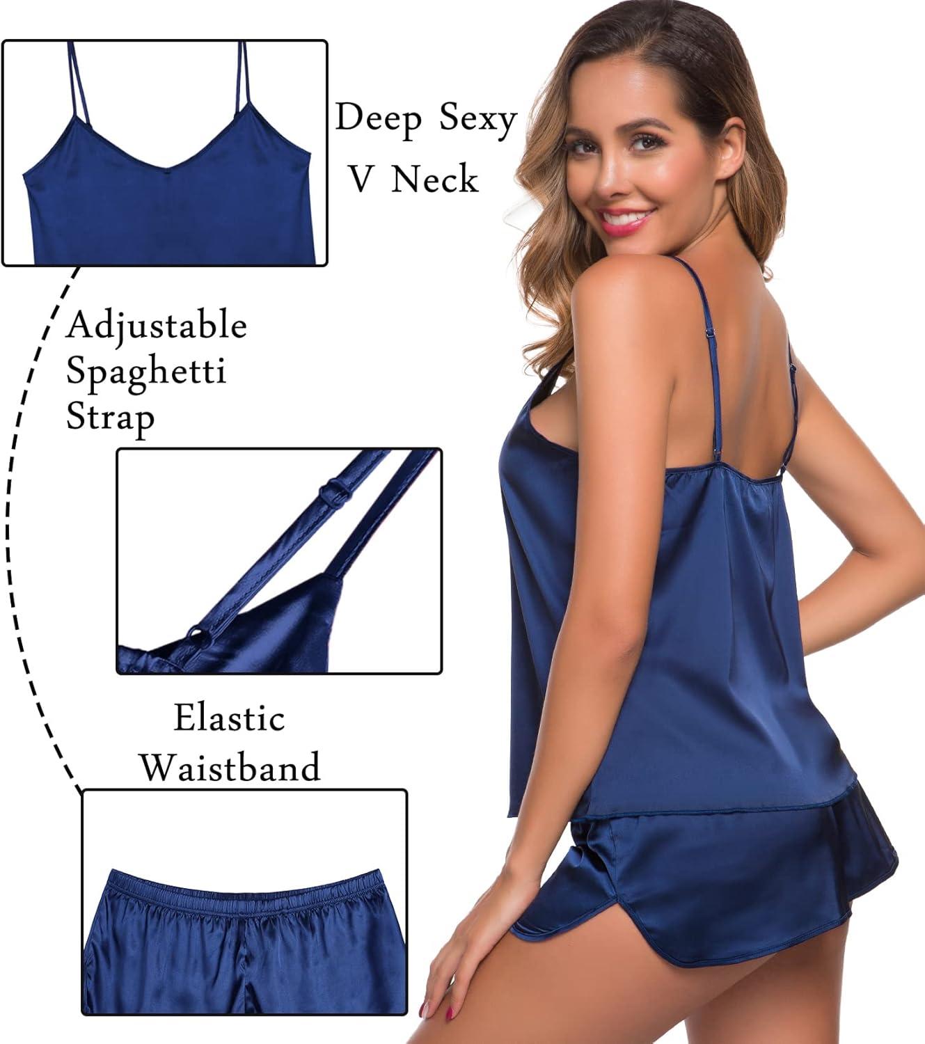 imageSWOMOG Womens Silk Satin Pajamas Sets 4pcs Sleepwear Sexy Cami Shorts Set and Button Down Short Sleeve Pjs LoungewearSolid Color Navy Blue