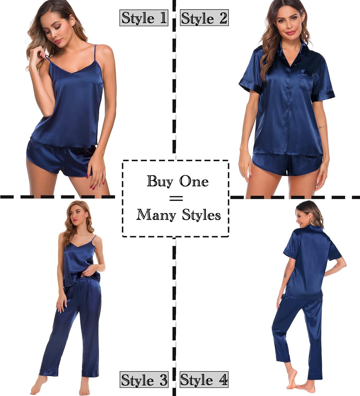 imageSWOMOG Womens Silk Satin Pajamas Sets 4pcs Sleepwear Sexy Cami Shorts Set and Button Down Short Sleeve Pjs LoungewearSolid Color Navy Blue