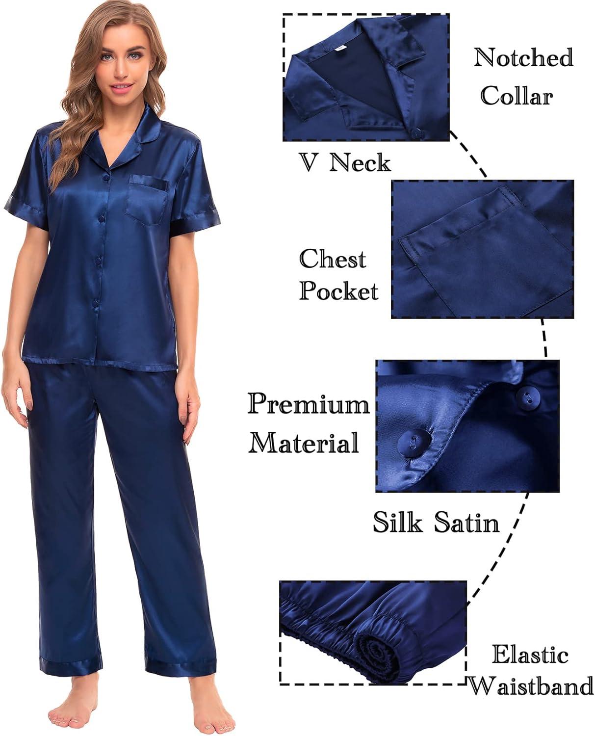 imageSWOMOG Womens Silk Satin Pajamas Sets 4pcs Sleepwear Sexy Cami Shorts Set and Button Down Short Sleeve Pjs LoungewearSolid Color Navy Blue