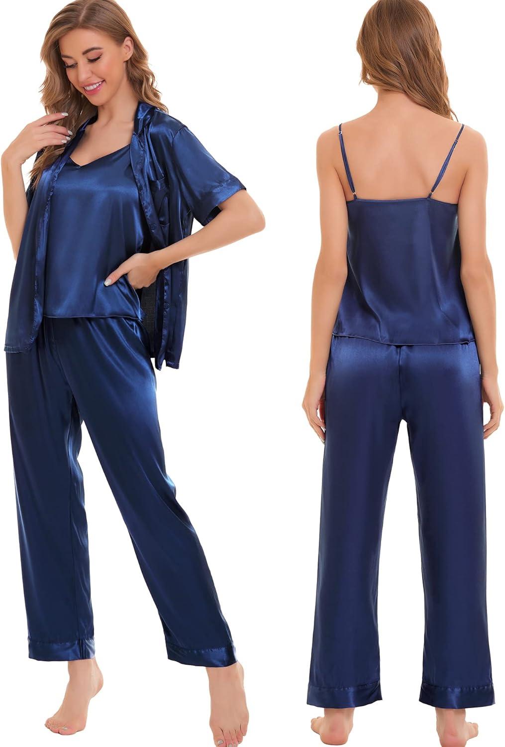 imageSWOMOG Womens Silk Satin Pajamas Sets 4pcs Sleepwear Sexy Cami Shorts Set and Button Down Short Sleeve Pjs LoungewearSolid Color Navy Blue
