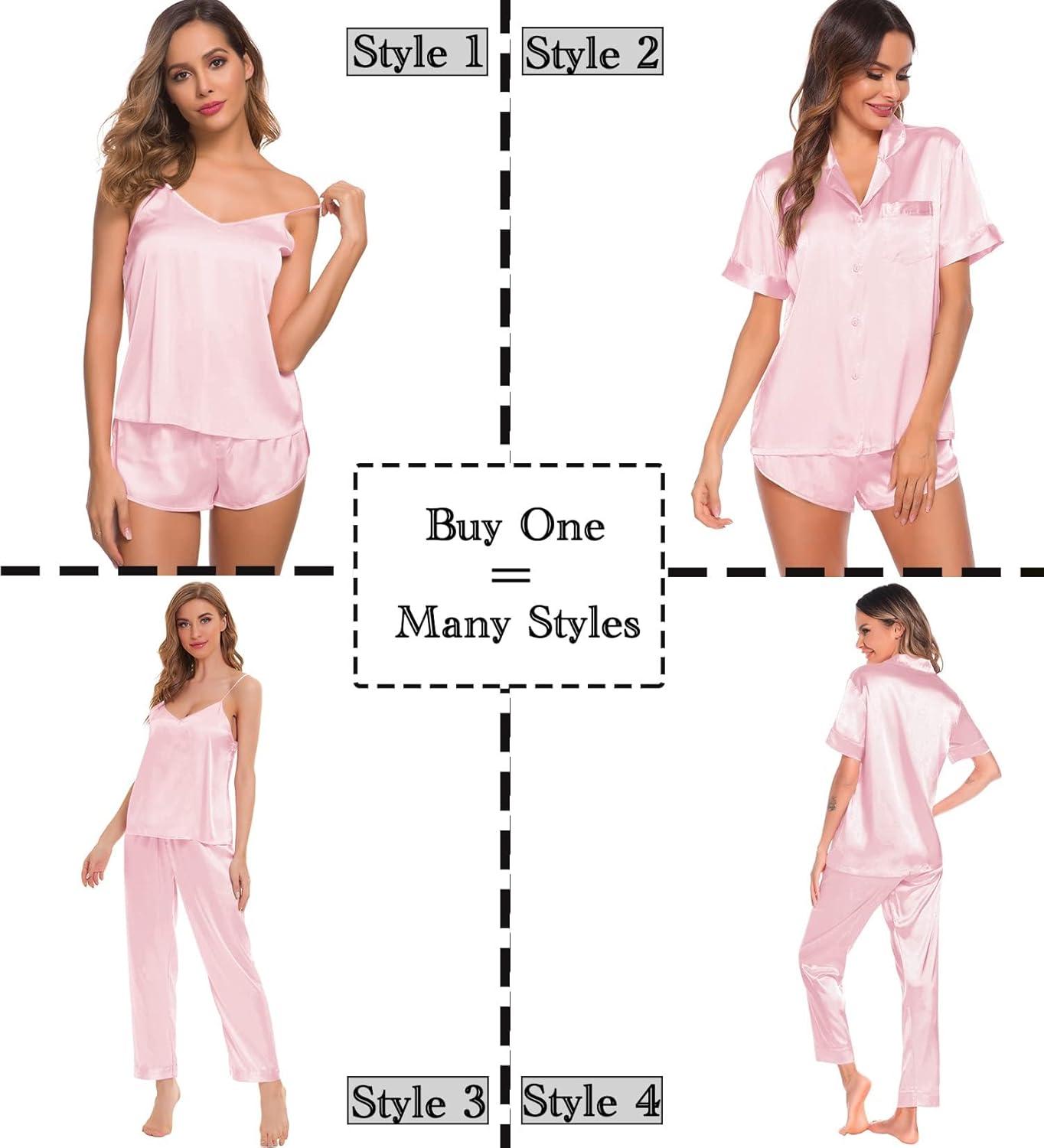imageSWOMOG Womens Silk Satin Pajamas Sets 4pcs Sleepwear Sexy Cami Shorts Set and Button Down Short Sleeve Pjs LoungewearSolid Color Pink