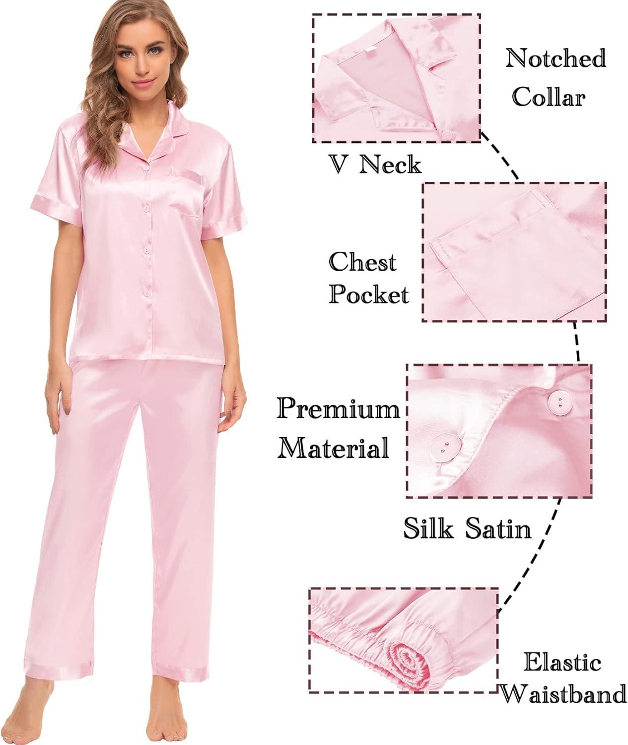 imageSWOMOG Womens Silk Satin Pajamas Sets 4pcs Sleepwear Sexy Cami Shorts Set and Button Down Short Sleeve Pjs LoungewearSolid Color Pink