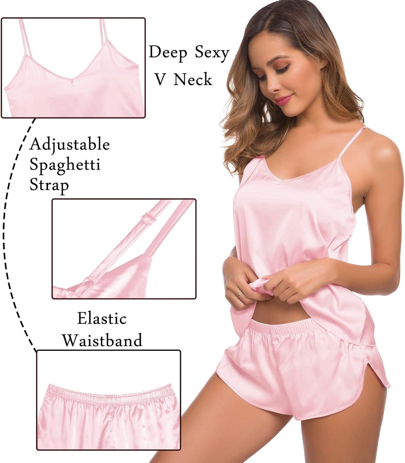 imageSWOMOG Womens Silk Satin Pajamas Sets 4pcs Sleepwear Sexy Cami Shorts Set and Button Down Short Sleeve Pjs LoungewearSolid Color Pink