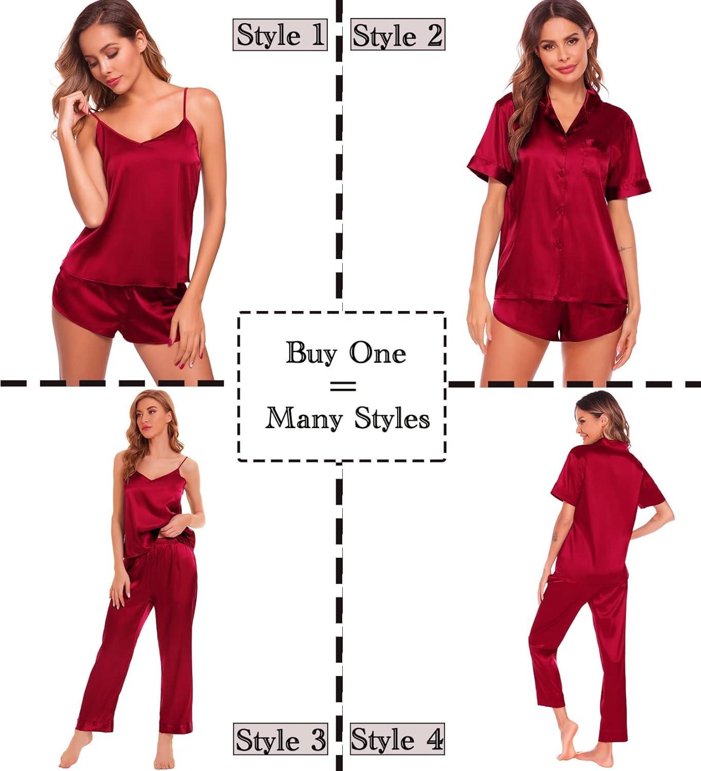 imageSWOMOG Womens Silk Satin Pajamas Sets 4pcs Sleepwear Sexy Cami Shorts Set and Button Down Short Sleeve Pjs LoungewearSolid Color Red