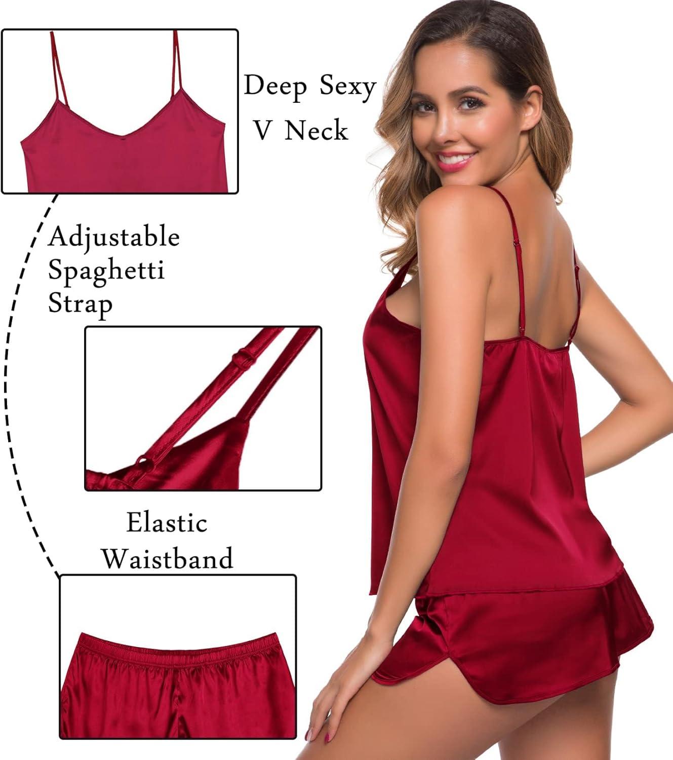 imageSWOMOG Womens Silk Satin Pajamas Sets 4pcs Sleepwear Sexy Cami Shorts Set and Button Down Short Sleeve Pjs LoungewearSolid Color Red