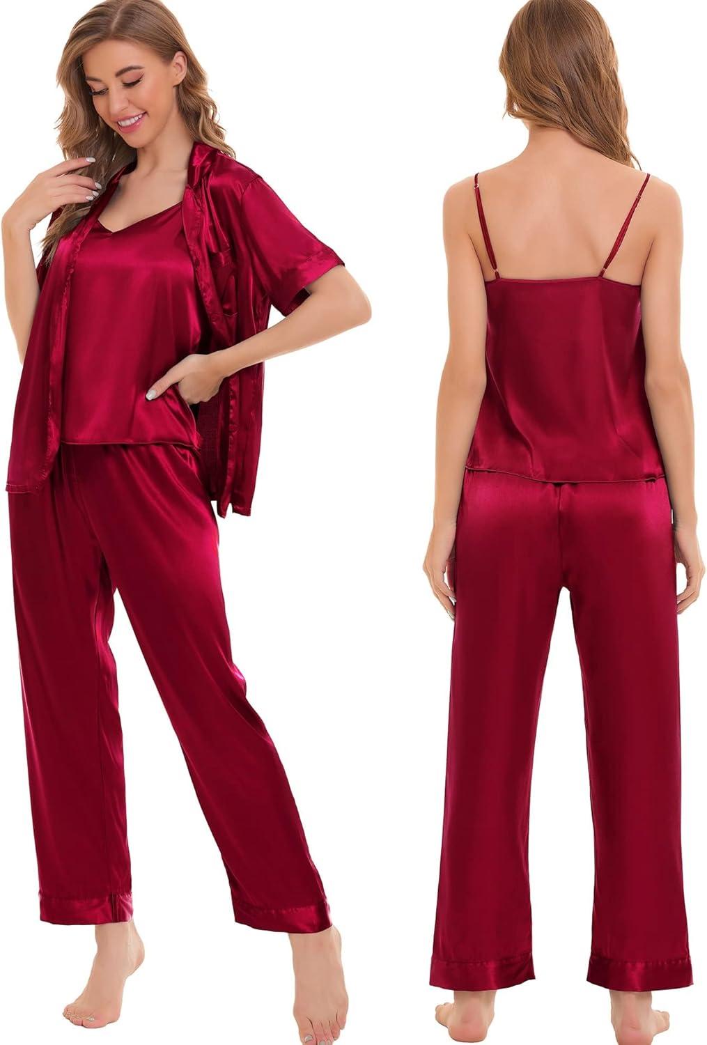 imageSWOMOG Womens Silk Satin Pajamas Sets 4pcs Sleepwear Sexy Cami Shorts Set and Button Down Short Sleeve Pjs LoungewearSolid Color Red