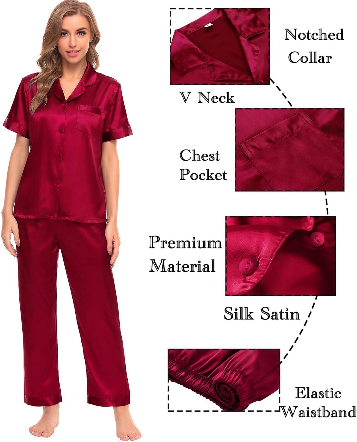 imageSWOMOG Womens Silk Satin Pajamas Sets 4pcs Sleepwear Sexy Cami Shorts Set and Button Down Short Sleeve Pjs LoungewearSolid Color Red