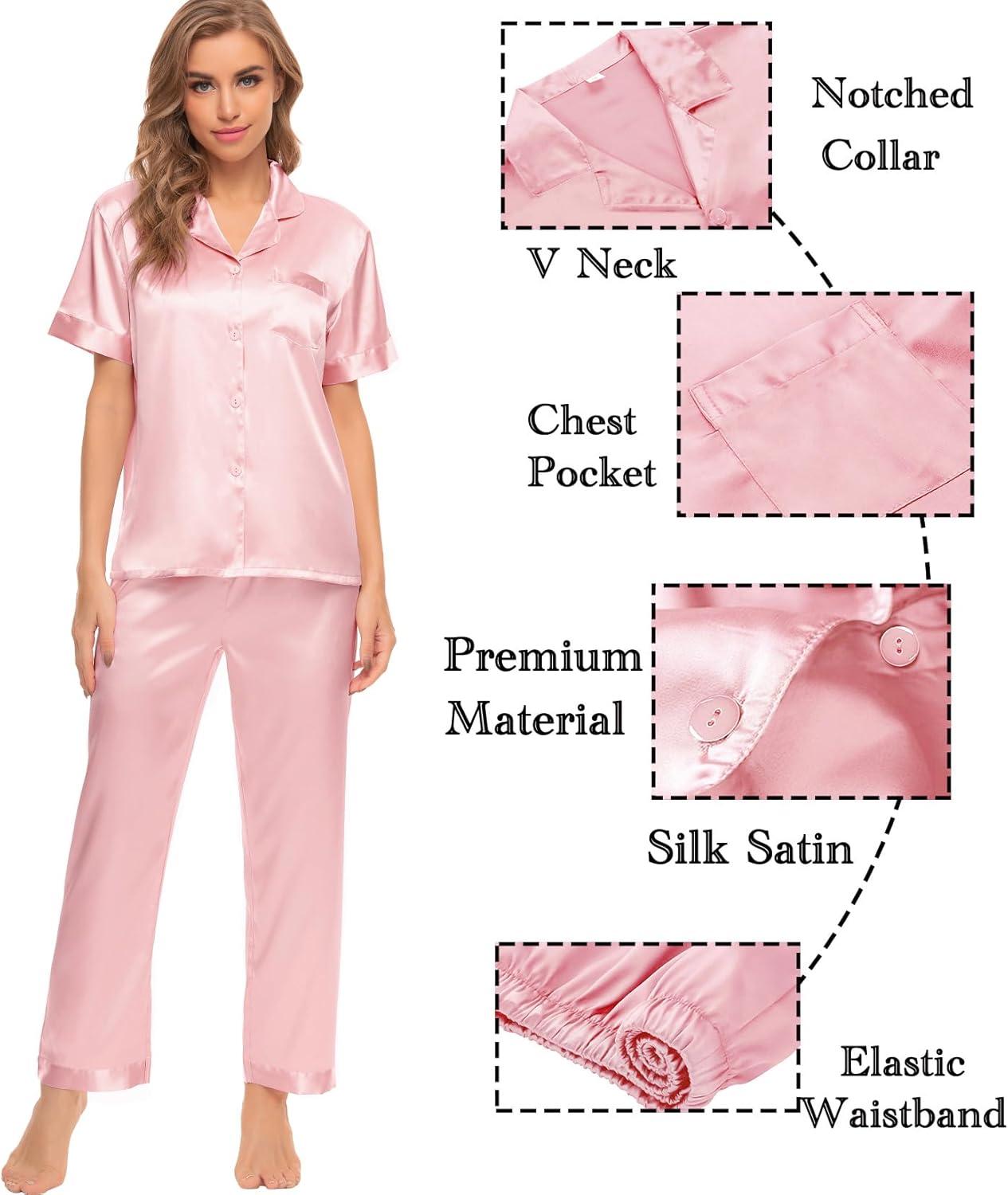 imageSWOMOG Womens Silk Satin Pajamas Sets 4pcs Sleepwear Sexy Cami Shorts Set and Button Down Short Sleeve Pjs LoungewearSolid Color Sakura Pink