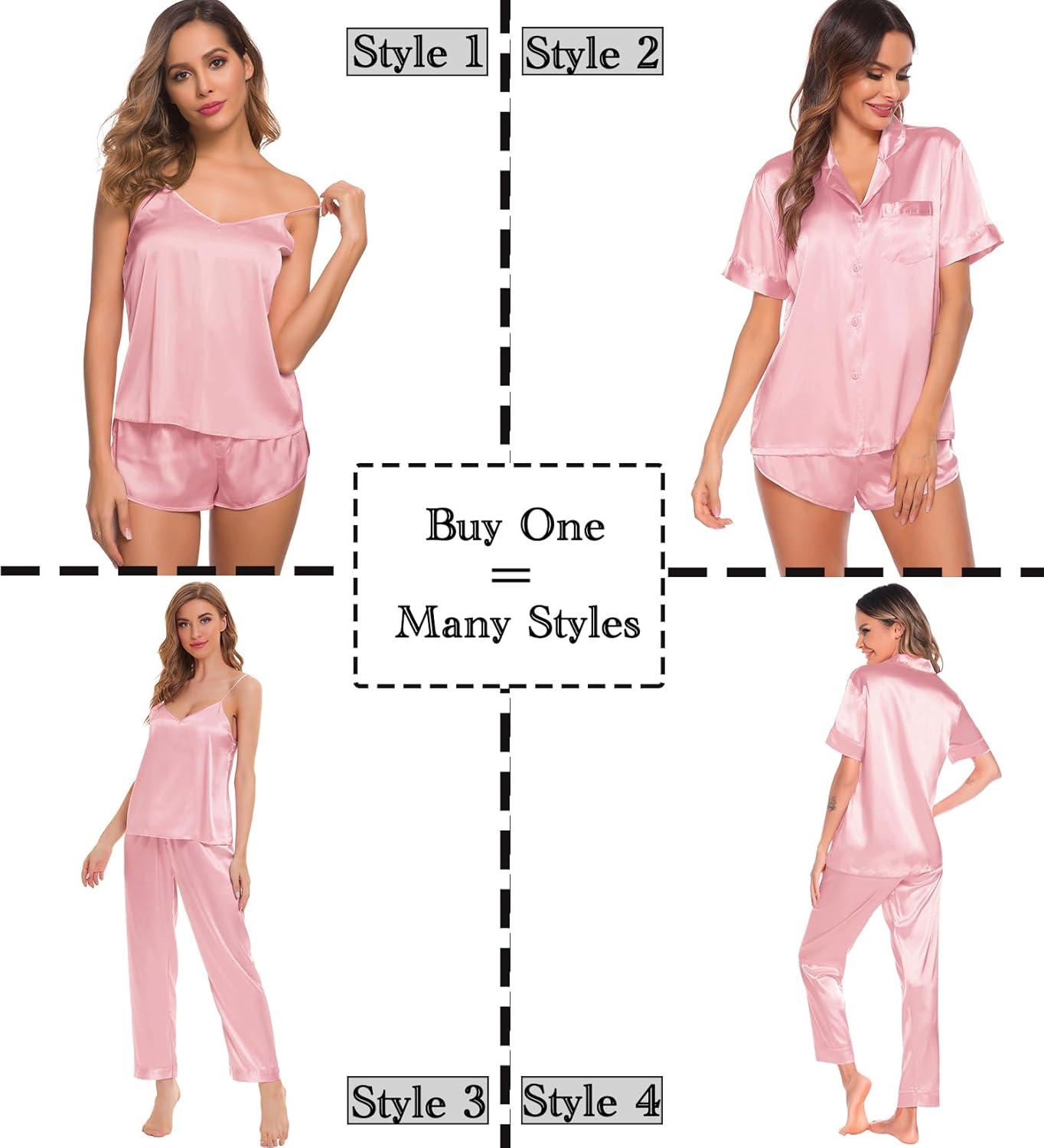 imageSWOMOG Womens Silk Satin Pajamas Sets 4pcs Sleepwear Sexy Cami Shorts Set and Button Down Short Sleeve Pjs LoungewearSolid Color Sakura Pink