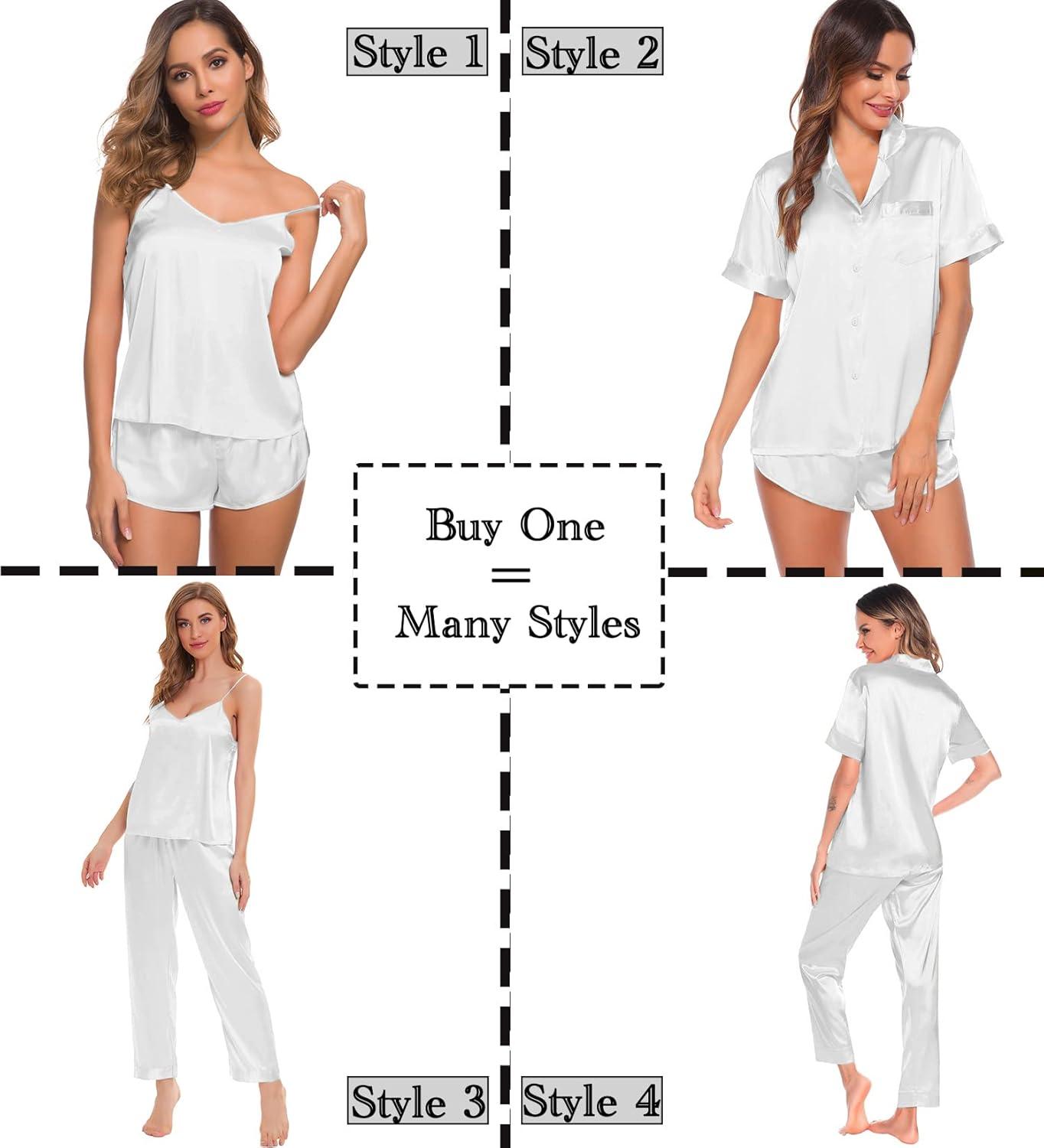 imageSWOMOG Womens Silk Satin Pajamas Sets 4pcs Sleepwear Sexy Cami Shorts Set and Button Down Short Sleeve Pjs LoungewearSolid Color White
