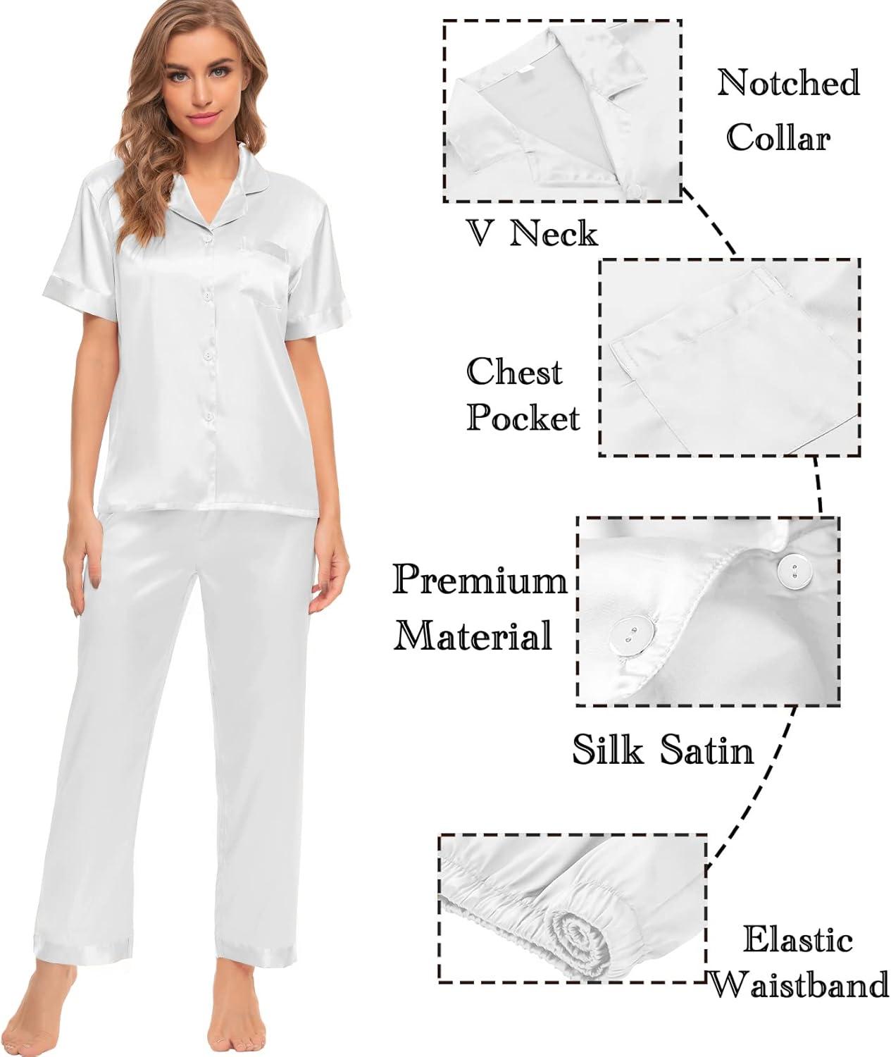 imageSWOMOG Womens Silk Satin Pajamas Sets 4pcs Sleepwear Sexy Cami Shorts Set and Button Down Short Sleeve Pjs LoungewearSolid Color White