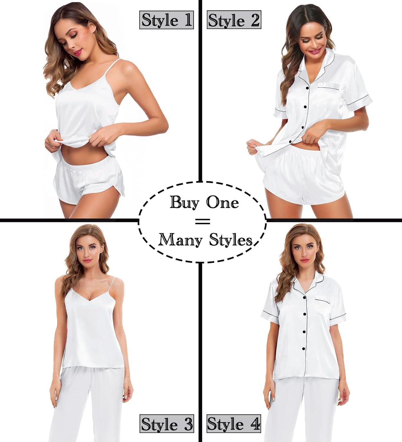 imageSWOMOG Womens Silk Satin Pajamas Sets 4pcs Sleepwear Sexy Cami Shorts Set and Button Down Short Sleeve Pjs LoungewearWhite
