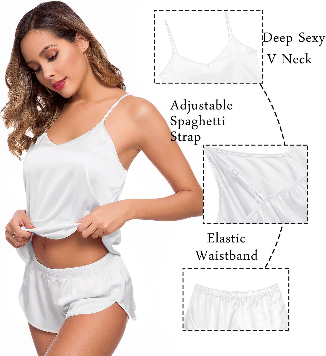 imageSWOMOG Womens Silk Satin Pajamas Sets 4pcs Sleepwear Sexy Cami Shorts Set and Button Down Short Sleeve Pjs LoungewearWhite