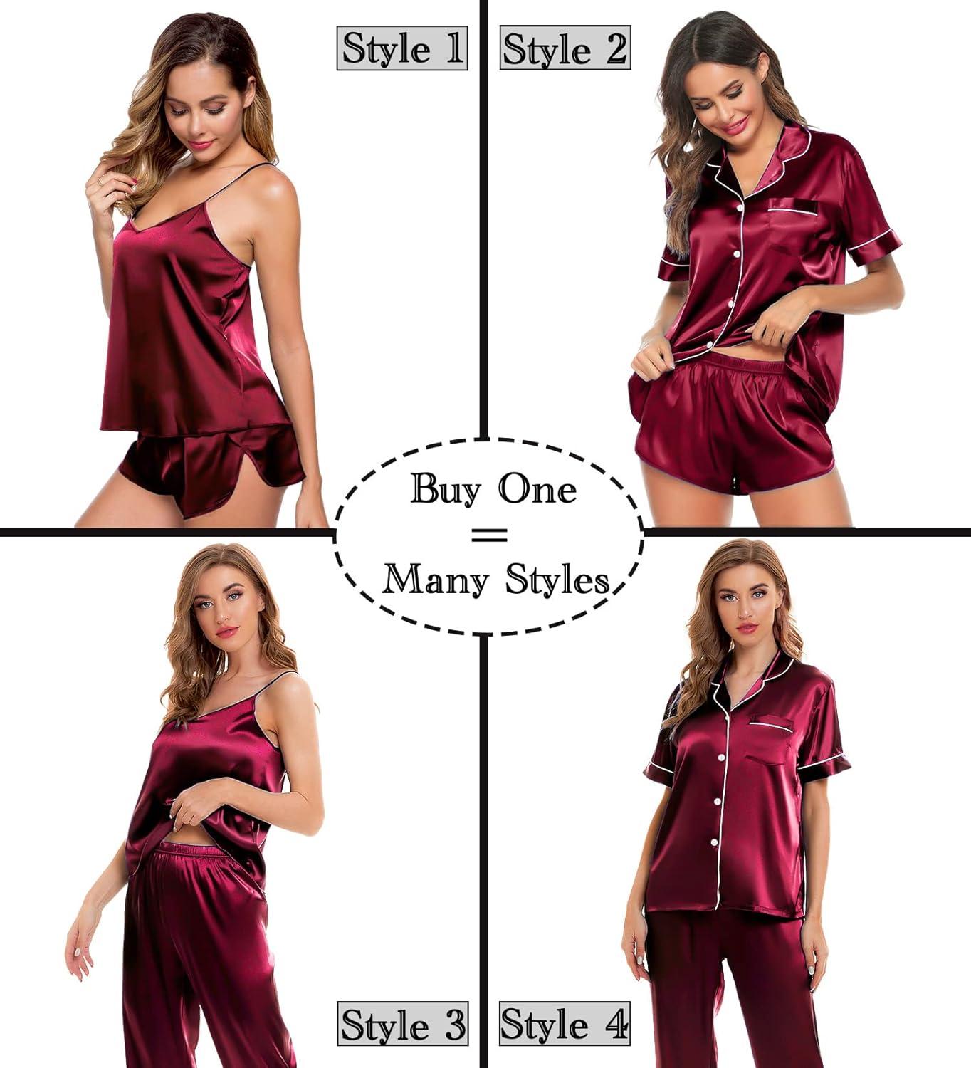 imageSWOMOG Womens Silk Satin Pajamas Sets 4pcs Sleepwear Sexy Cami Shorts Set and Button Down Short Sleeve Pjs LoungewearWine Red