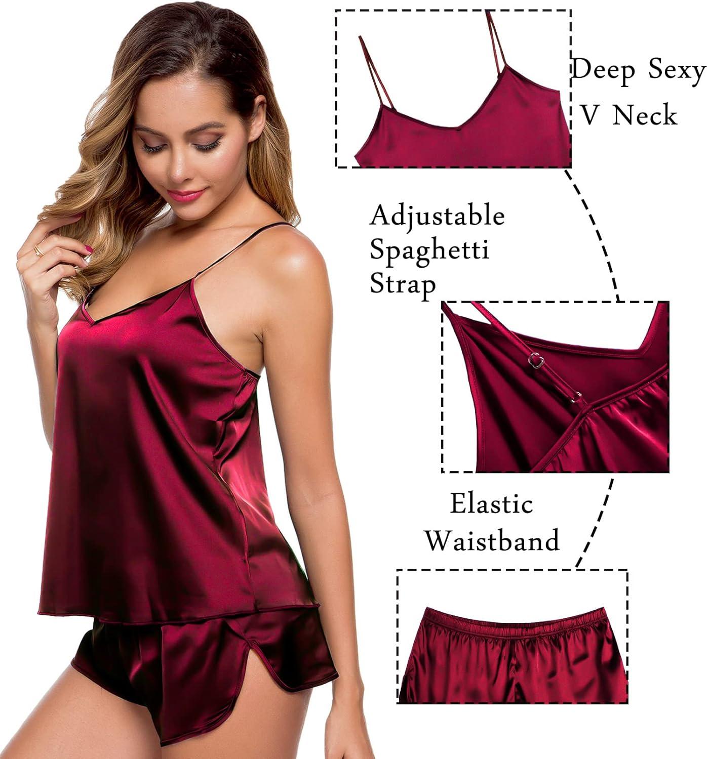 imageSWOMOG Womens Silk Satin Pajamas Sets 4pcs Sleepwear Sexy Cami Shorts Set and Button Down Short Sleeve Pjs LoungewearWine Red