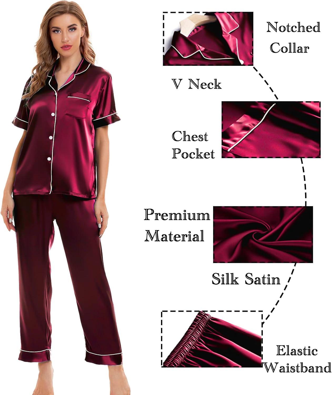 imageSWOMOG Womens Silk Satin Pajamas Sets 4pcs Sleepwear Sexy Cami Shorts Set and Button Down Short Sleeve Pjs LoungewearWine Red