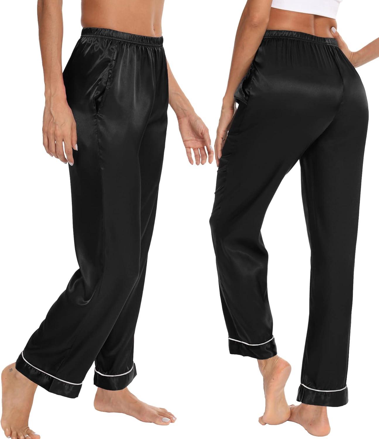 imageSWOMOG Womens Silk Satin Pants Wide Leg Pajama Bottoms Palazzo Lounge Pants Casual Loose Trousers Pj with Pockets