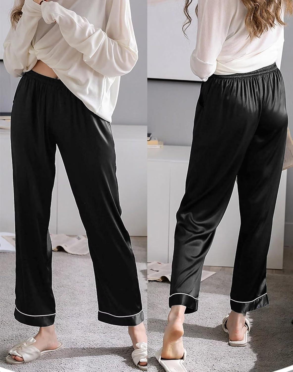 imageSWOMOG Womens Silk Satin Pants Wide Leg Pajama Bottoms Palazzo Lounge Pants Casual Loose Trousers Pj with Pockets