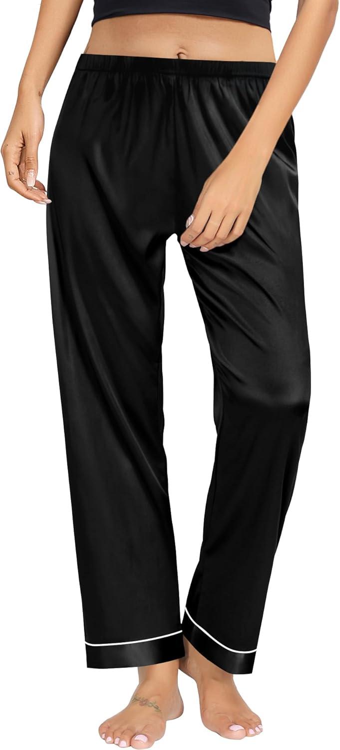 imageSWOMOG Womens Silk Satin Pants Wide Leg Pajama Bottoms Palazzo Lounge Pants Casual Loose Trousers Pj with Pockets