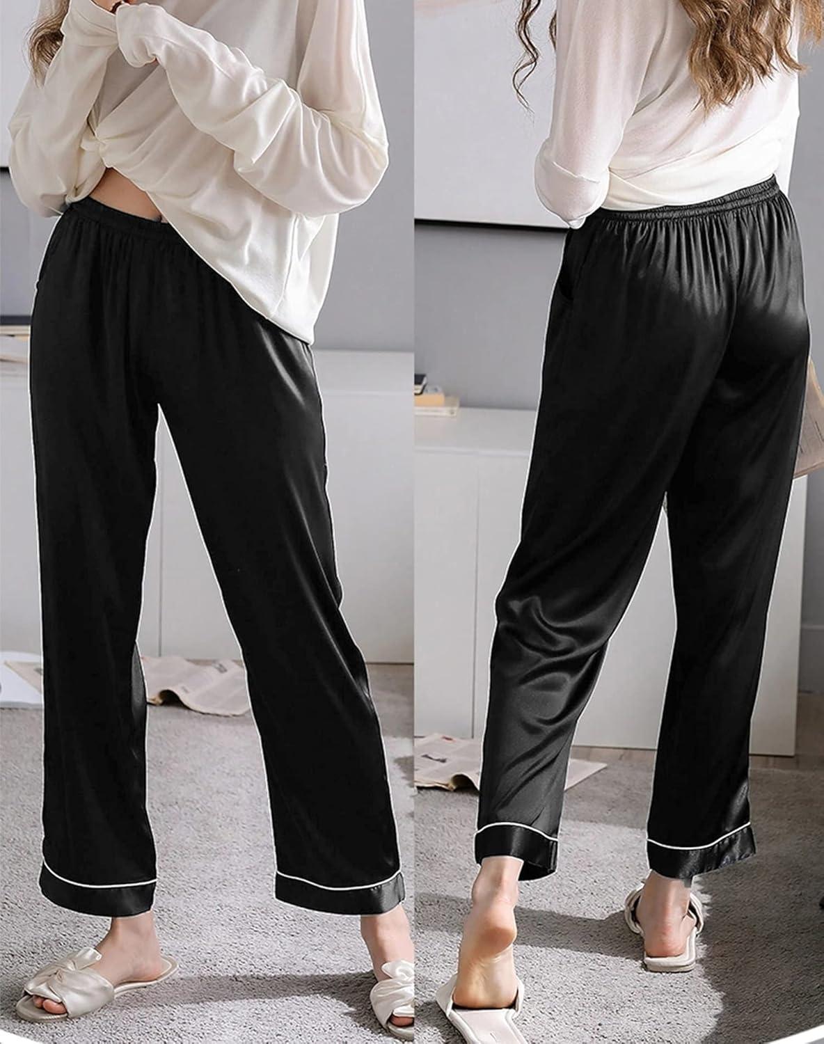 imageSWOMOG Womens Silk Satin Pants Wide Leg Pajama Bottoms Palazzo Lounge Pants Casual Loose Trousers Pj with Pockets