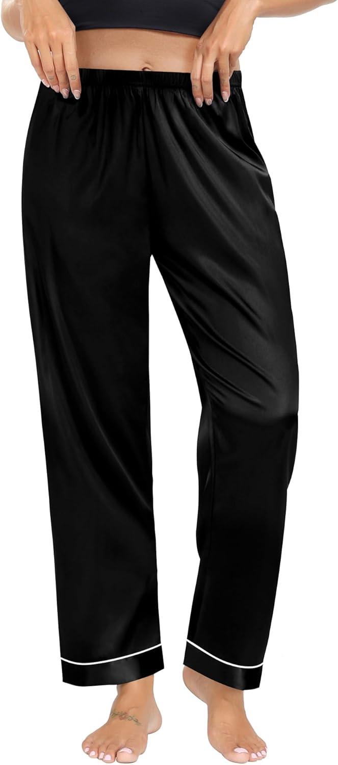 imageSWOMOG Womens Silk Satin Pants Wide Leg Pajama Bottoms Palazzo Lounge Pants Casual Loose Trousers Pj with Pockets