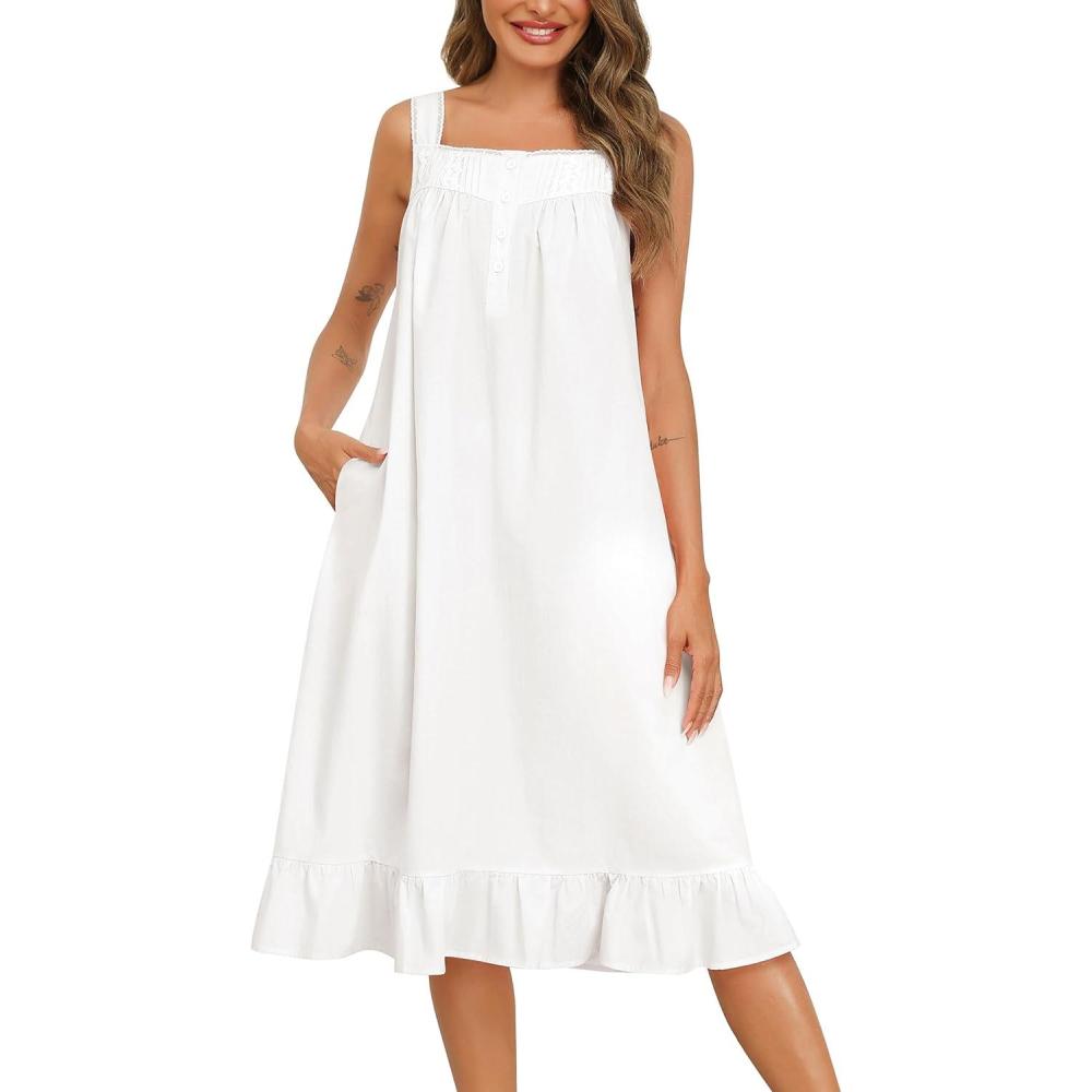 imageSWOMOG Cotton Nightgowns for Women Sleeveless Button Down Night Gown Soft Victorian Nightdress House Dress with PocketsWhite