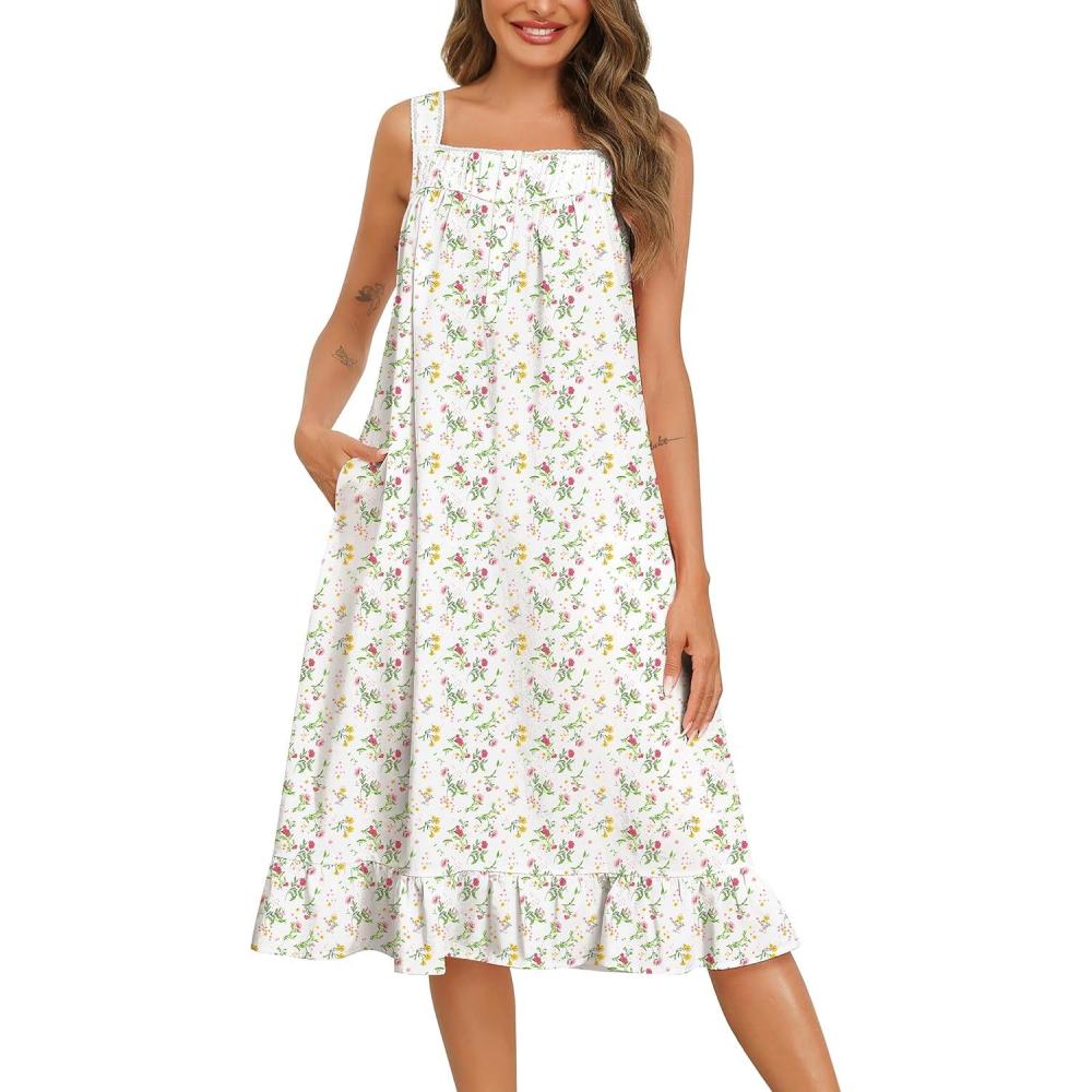 imageSWOMOG Cotton Nightgowns for Women Sleeveless Button Down Night Gown Soft Victorian Nightdress House Dress with PocketsWhite Flower