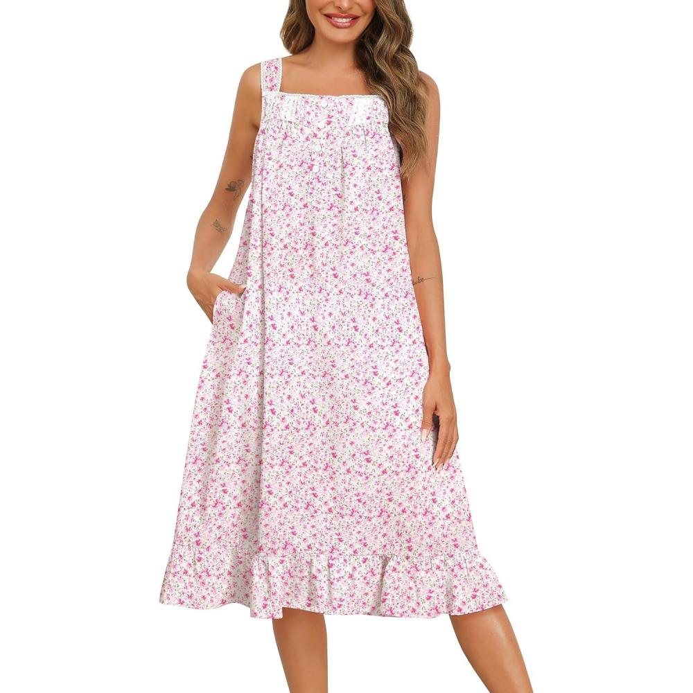 imageSWOMOG Cotton Nightgowns for Women Sleeveless Button Down Night Gown Soft Victorian Nightdress House Dress with PocketsWhite Pink Flower
