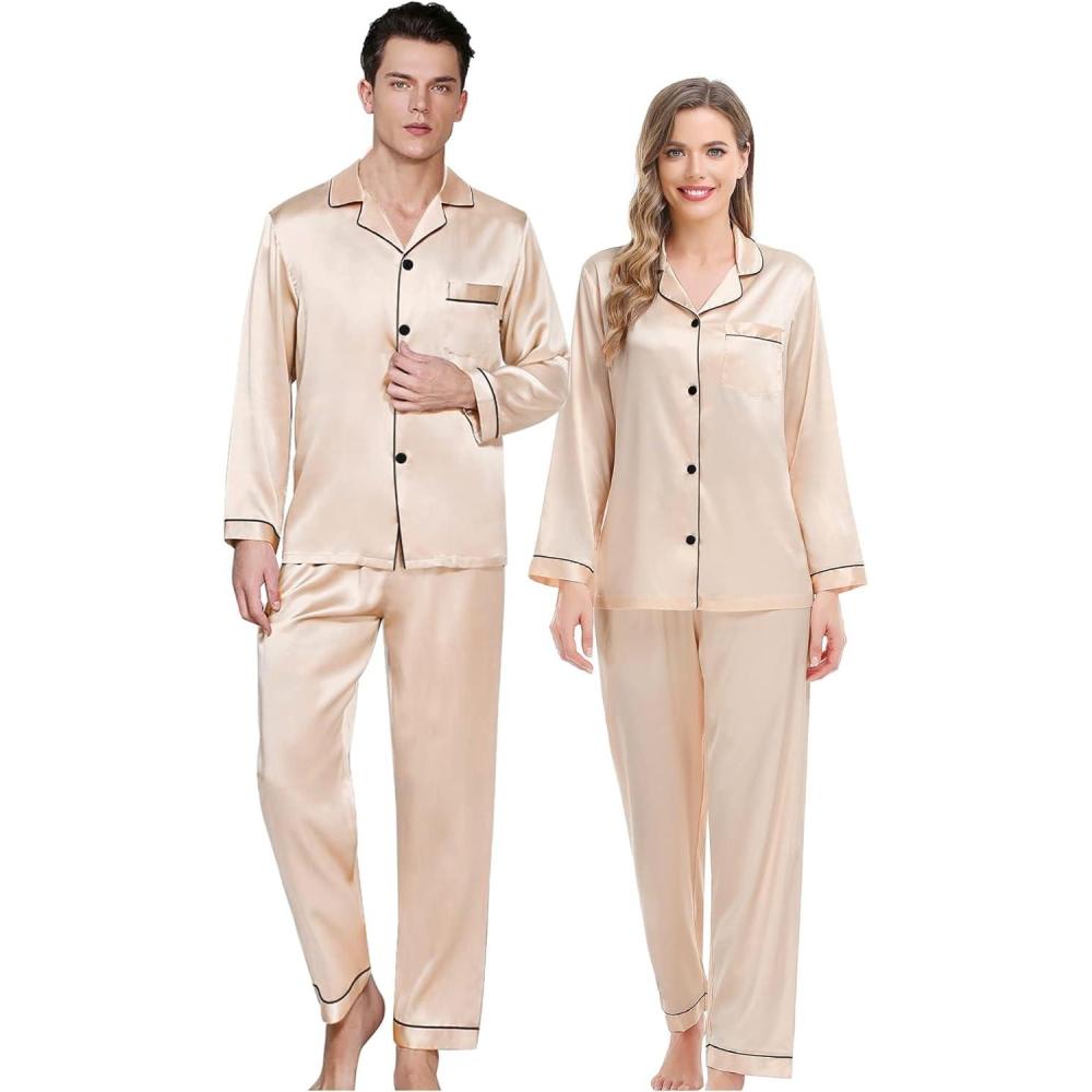 imageSWOMOG Couples Matching Silk Satin Pajamas Set Long Sleeve Sleepwear Soft Button Down Loungewear 2 Pcs Pj SetChampagne