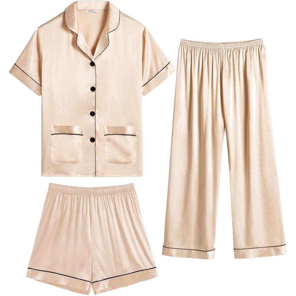 imageSWOMOG Girls Pajamas Silk Satin Pajama Set Short Sleeve Button Down Sleepwear Soft Cute PJs with Ruffle Shorts LoungewearChampagne