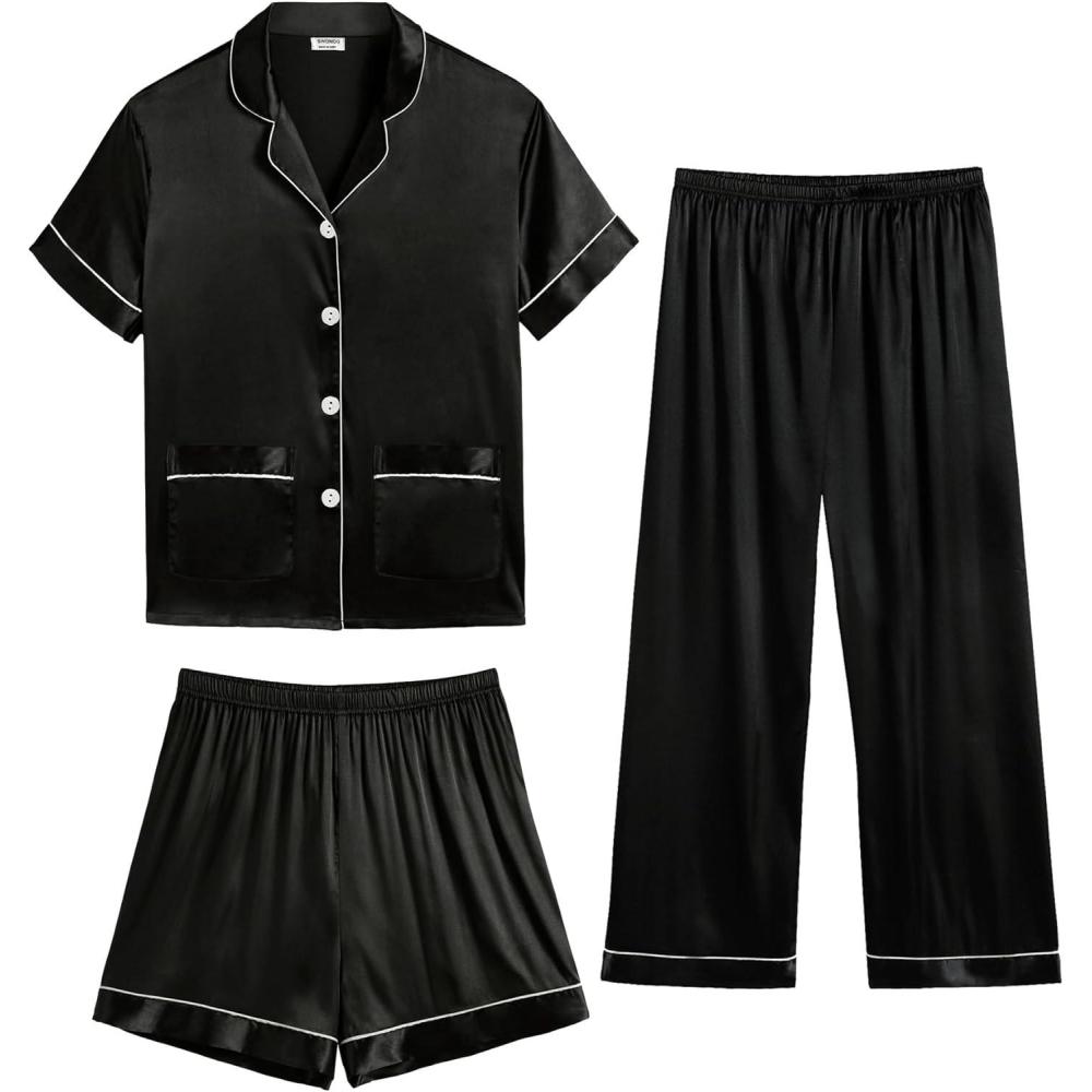imageSWOMOG Girls Pajamas Silk Satin Pajama Set Short Sleeve Button Down Sleepwear Soft Cute PJs with Ruffle Shorts LoungewearCoal Black