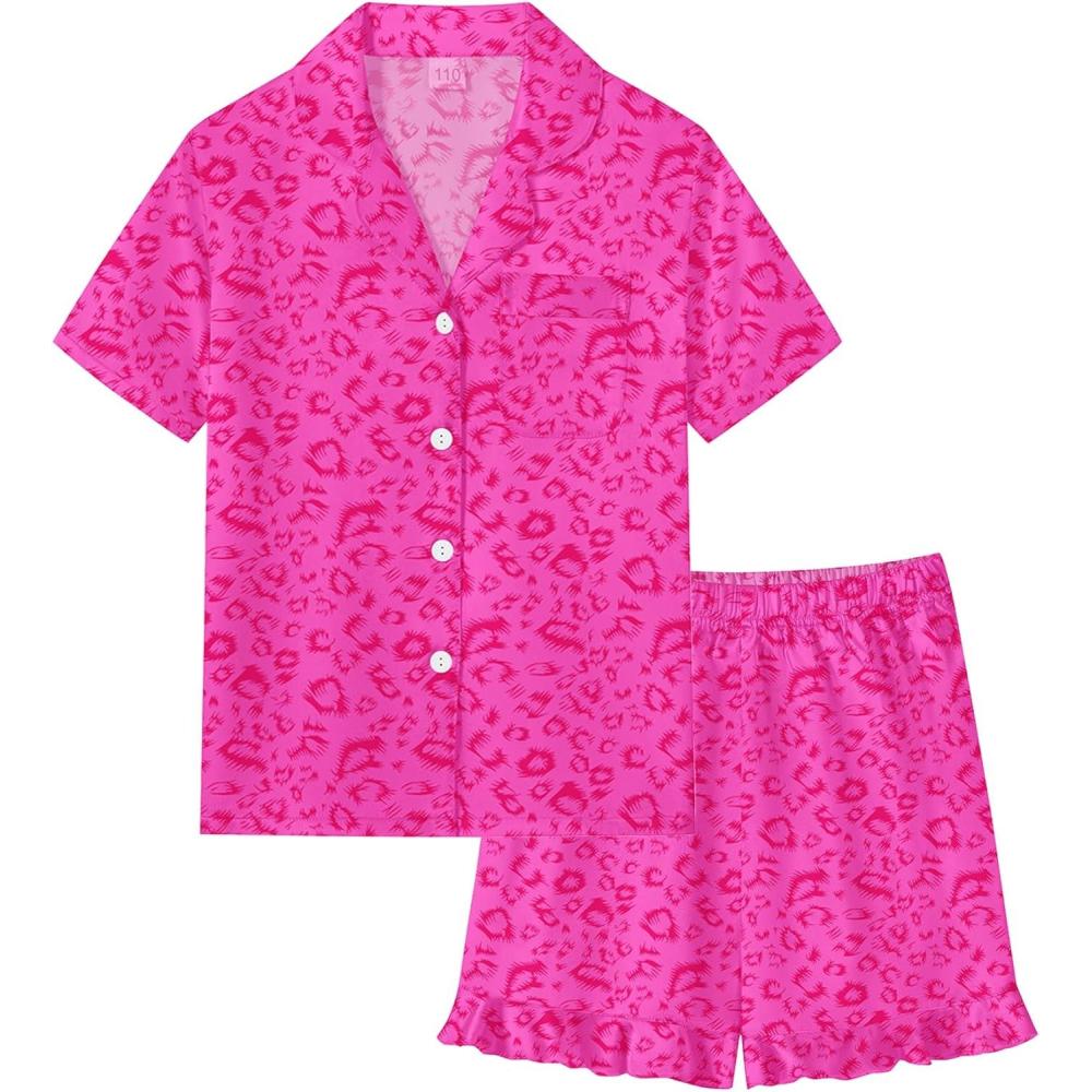 imageSWOMOG Girls Pajamas Silk Satin Pajama Set Short Sleeve Button Down Sleepwear Soft Cute PJs with Ruffle Shorts LoungewearHot Pink Leopard