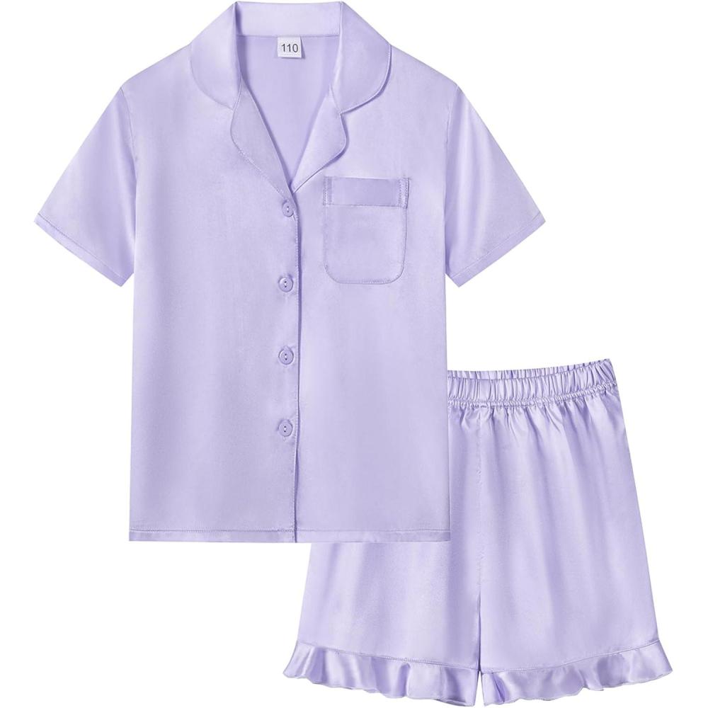 imageSWOMOG Girls Pajamas Silk Satin Pajama Set Short Sleeve Button Down Sleepwear Soft Cute PJs with Ruffle Shorts LoungewearLavender