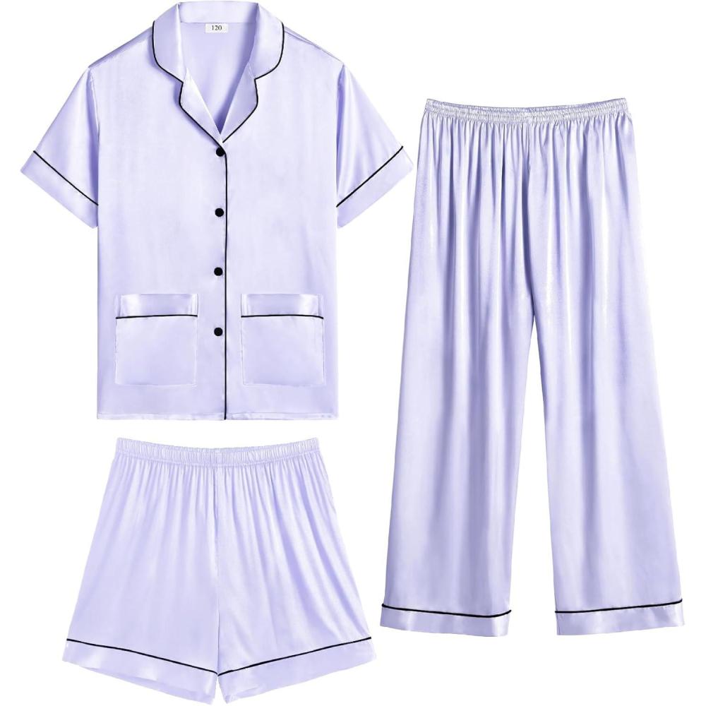 imageSWOMOG Girls Pajamas Silk Satin Pajama Set Short Sleeve Button Down Sleepwear Soft Cute PJs with Ruffle Shorts LoungewearLilac