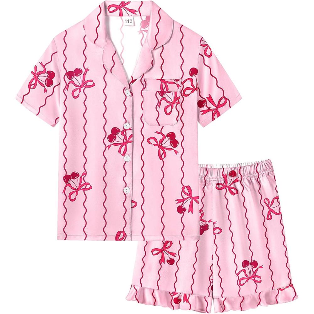 imageSWOMOG Girls Pajamas Silk Satin Pajama Set Short Sleeve Button Down Sleepwear Soft Cute PJs with Ruffle Shorts LoungewearPink Bowtie