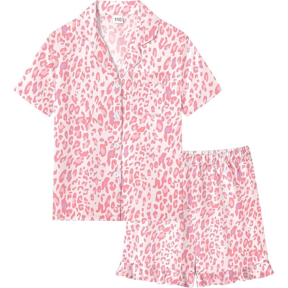 imageSWOMOG Girls Pajamas Silk Satin Pajama Set Short Sleeve Button Down Sleepwear Soft Cute PJs with Ruffle Shorts LoungewearPink Leopard