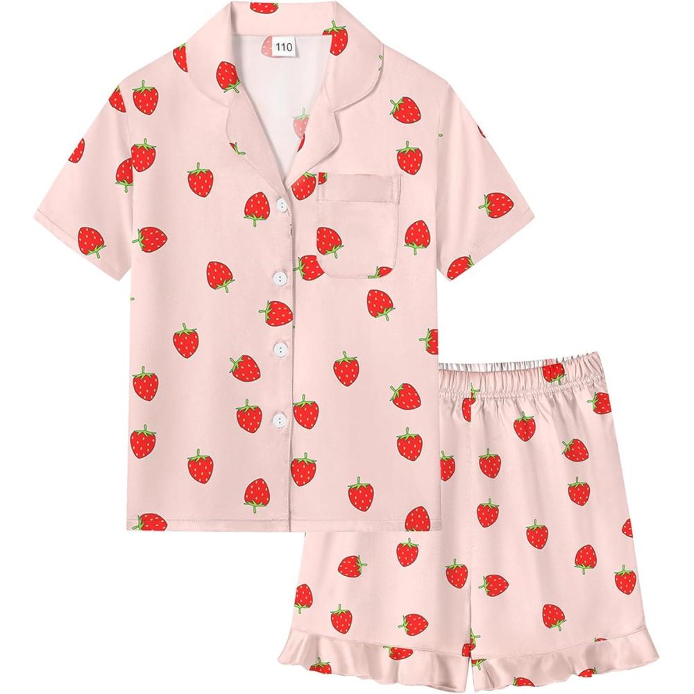 imageSWOMOG Girls Pajamas Silk Satin Pajama Set Short Sleeve Button Down Sleepwear Soft Cute PJs with Ruffle Shorts LoungewearPink Strawberry