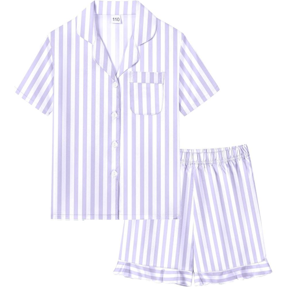 imageSWOMOG Girls Pajamas Silk Satin Pajama Set Short Sleeve Button Down Sleepwear Soft Cute PJs with Ruffle Shorts LoungewearStripes Blue