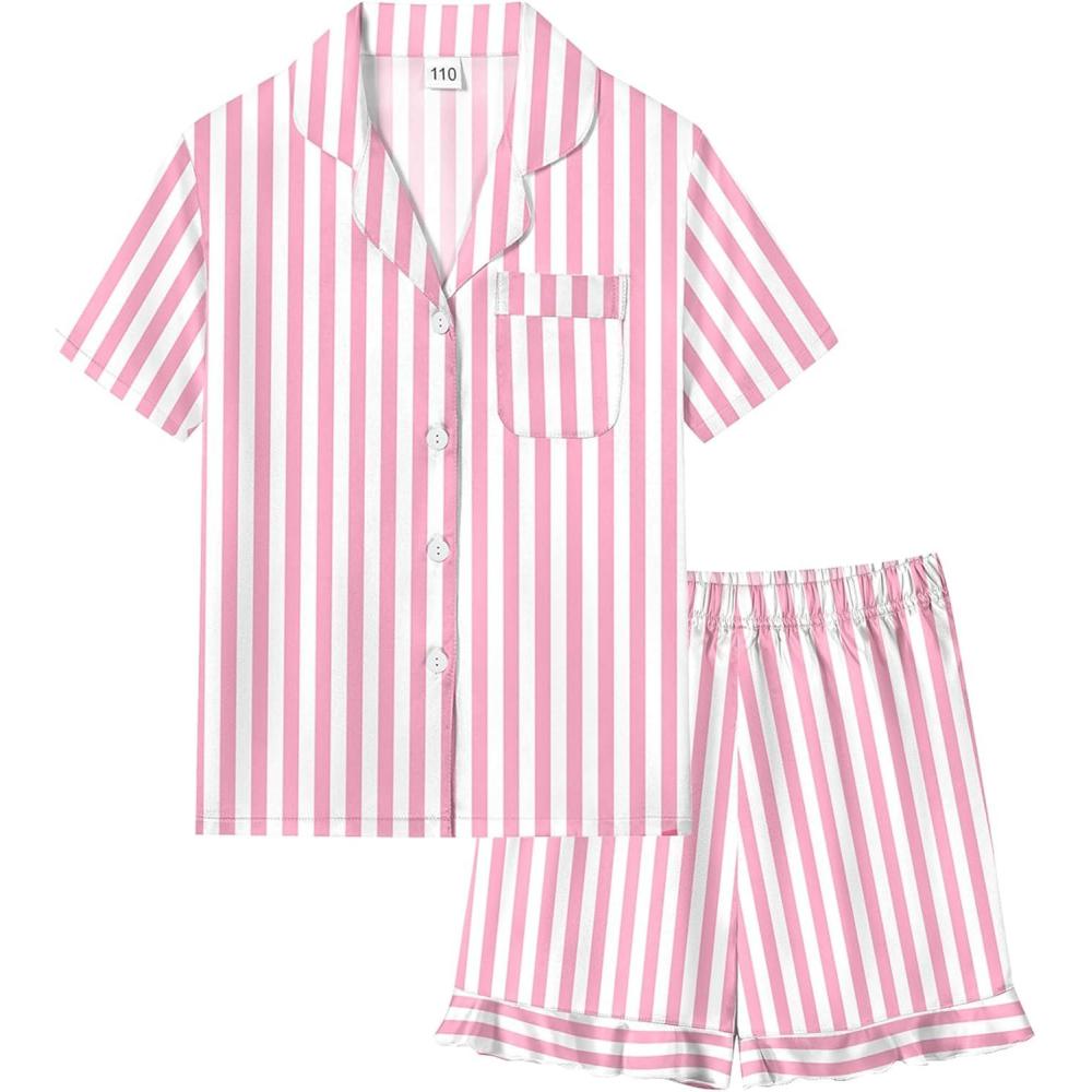 imageSWOMOG Girls Pajamas Silk Satin Pajama Set Short Sleeve Button Down Sleepwear Soft Cute PJs with Ruffle Shorts LoungewearStripes Pink