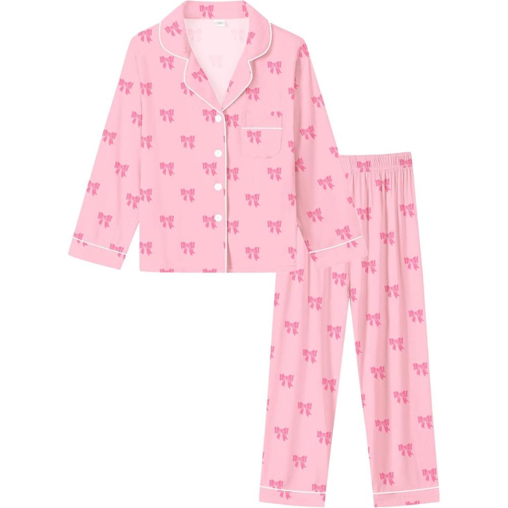 imageSWOMOG Kids Pajamas Sets Girls Boys Long Sleeve Sleepwear 2 Piece Lounge Sets Modal Button Down Pjs Set for 413 YearsAlight Pink Bowknot