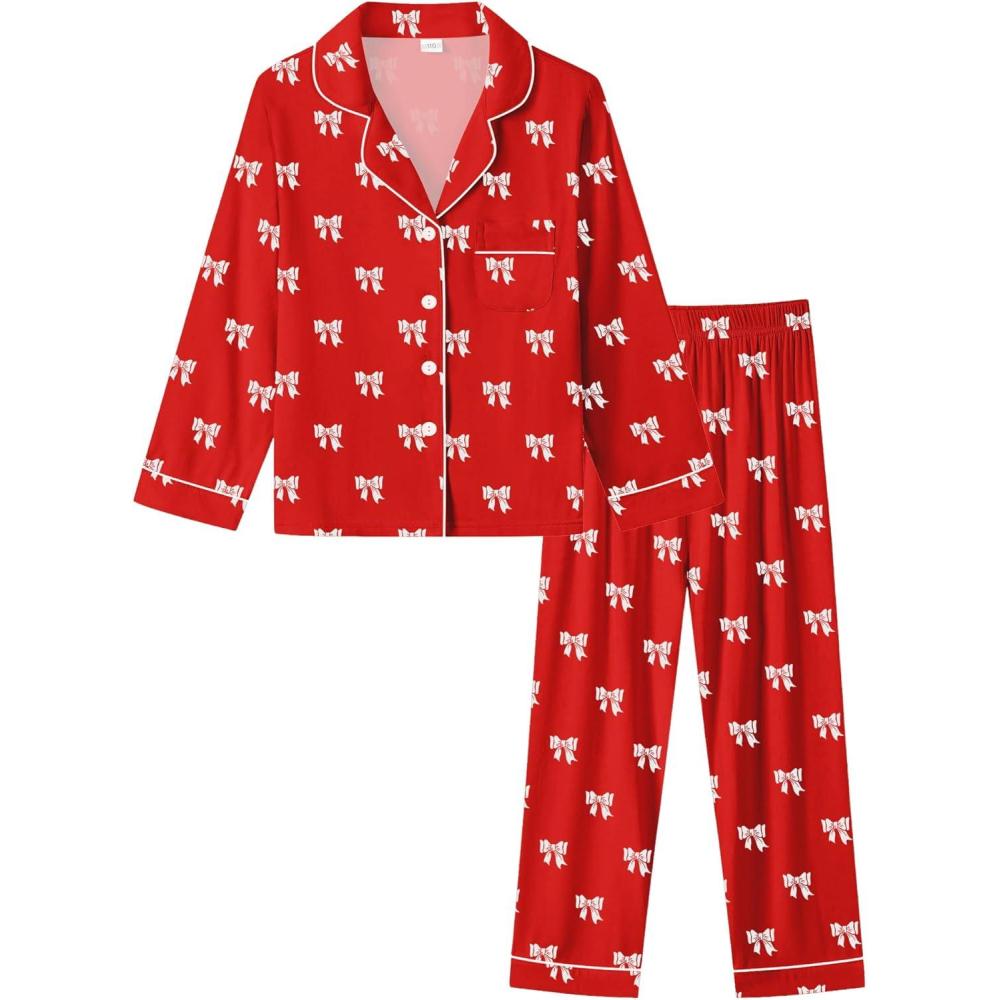 imageSWOMOG Kids Pajamas Sets Girls Boys Long Sleeve Sleepwear 2 Piece Lounge Sets Modal Button Down Pjs Set for 413 YearsAred Bowknot